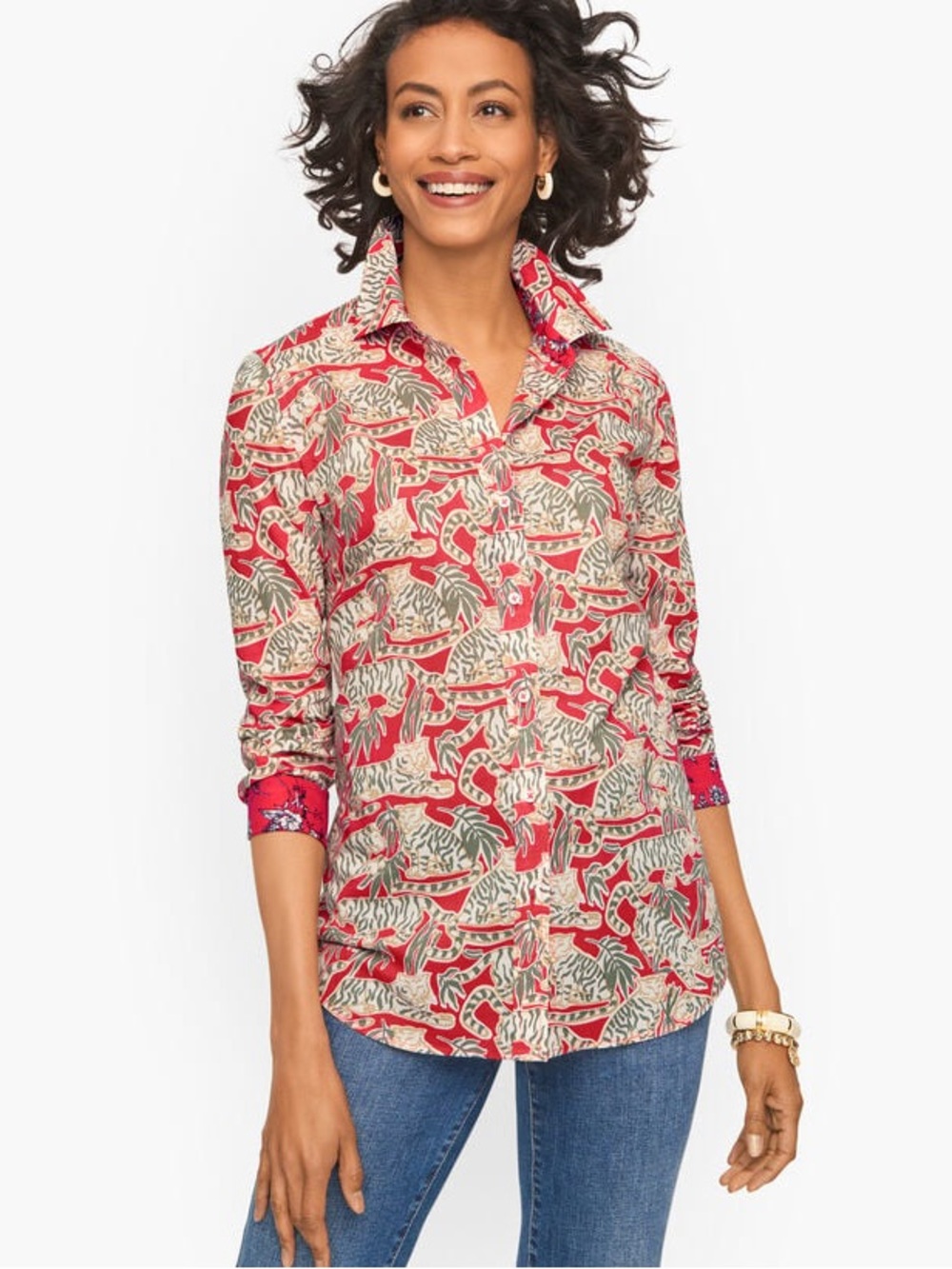 Talbots Red Tiger Print Lightweight Button Down Cotton Shirt Plus Petite 2XP